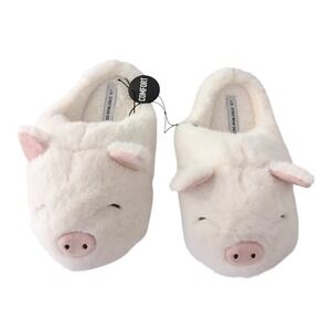 NEW Pig Plush Faux Fur Slippers Size L/G White Pink Comfort Sleepwear